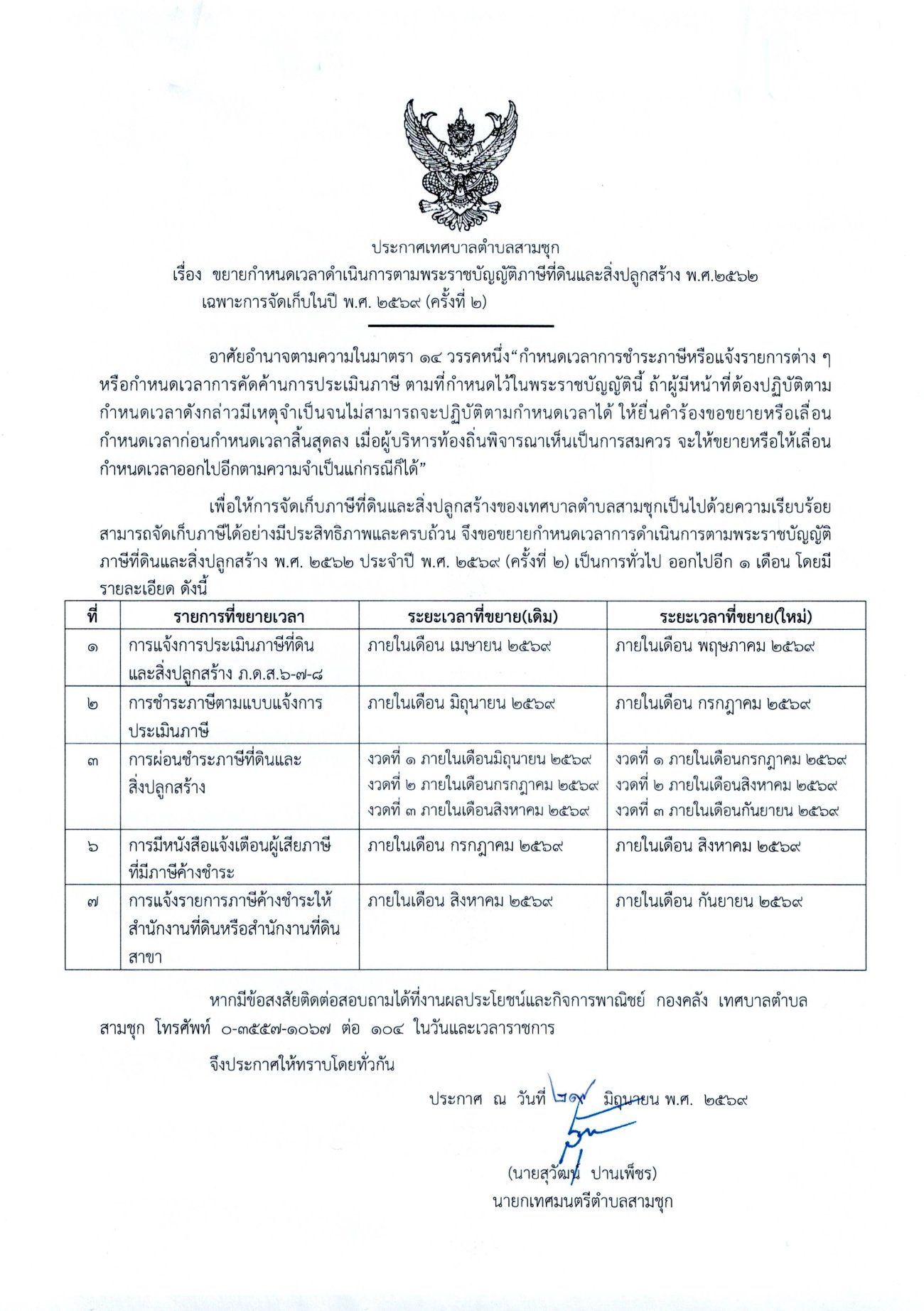 ประกาศเทศบาลตำบลสามชุก เรื่อง ขยายกำหนดเวลาดำเนินการตามพระราชบัญญัติภาษีที่ดินและสิ่งปลูกสร้าง พ.ศ.2562 เฉพาะการจัดเก็บในปี พ.ศ.2569 (ครั้งที่ 2)