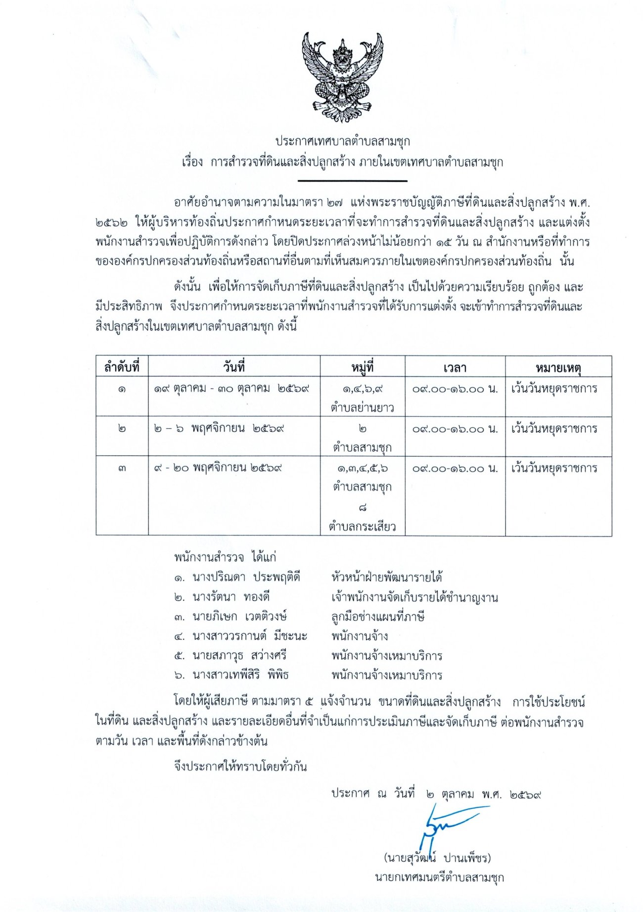ประกาศเทศบาลตำบลสามชุก เรื่อง การสำรวจที่ดินและสิ่งปลูกสร้าง ภายในเขตเทศบาลตำบลสามชุก